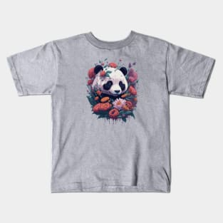 Cute smiling Giant Panda bear with florals t-shirt design, apparel, mugs, cases, wall art, stickers Kids T-Shirt